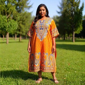 Paisley Printed Orange Polyester Plus Size Kaftan Dress for Women by Gypsie Blu